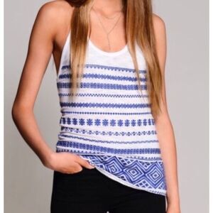 Sam Edelman Women’s Tank Top White Blue Aztec Embroidered Racerback Shirt Sz XS